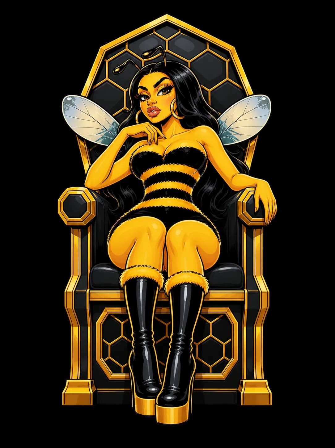Cardi Bee stands beside a honeycomb throne with worker bees
